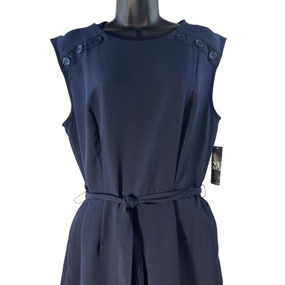 Sleeveless Navy Blue Wide-Leg Jumpsuit With Button Details & Belted Waist - Picture 2 of 8